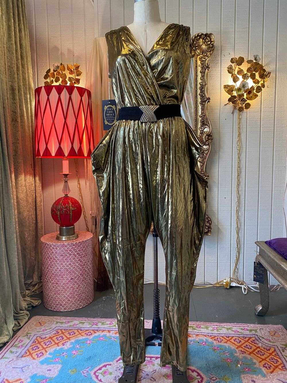 1980s style gold lame jumpsuit, 80s fashion, statement outfit, halloween, m/l
